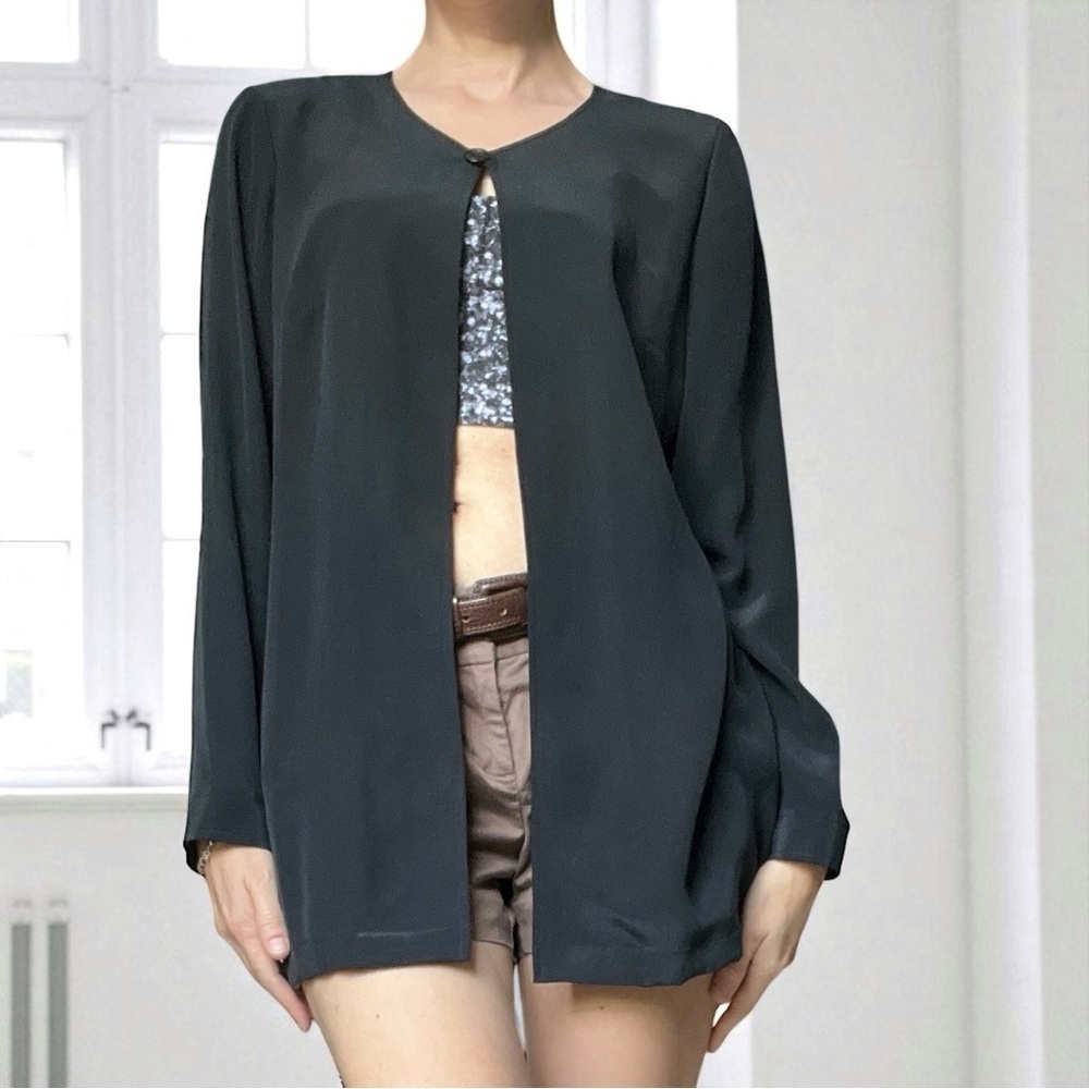 VTG 90s Studio G Black Satin Silk Shirt Jacket Minimalist Tunic Top S